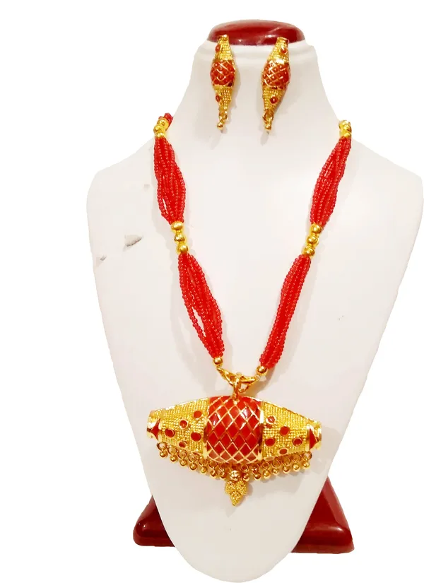 Assamese_Traditional_Gold_Plated_Red_Colour_Dhullbiri_Tassel_Jewellery_Set_For_Women